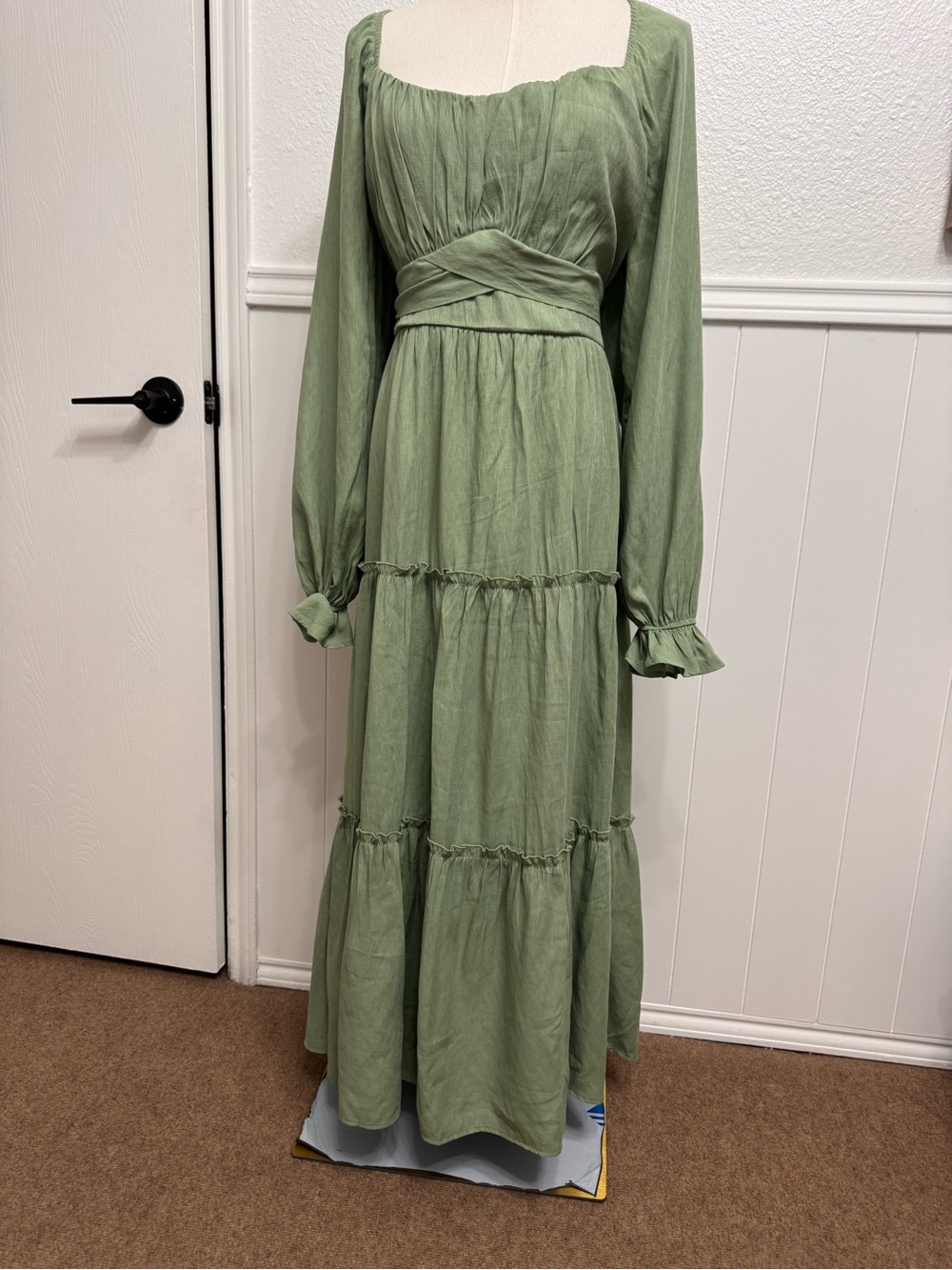 Francesca's Collections Sage Green Tiered Maxi Dress with Long Sleeves